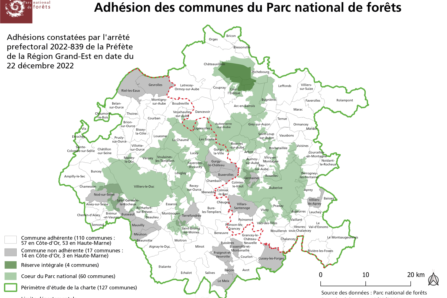 Carte des communes adhérentes à la charte du Parc national de forêts